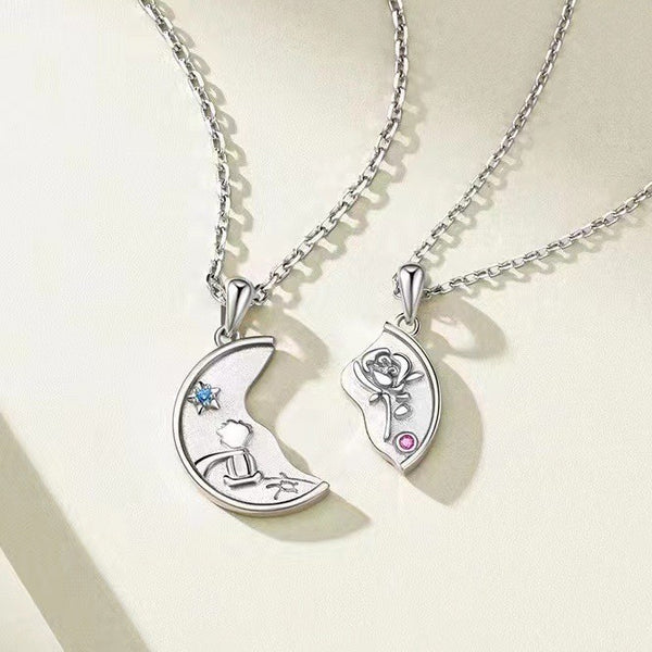 Little Prince Rose Flower Couple Necklace