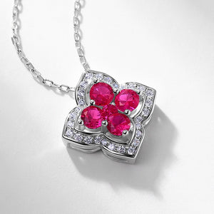 Round Cut Ruby Four Leaf Clover Necklace