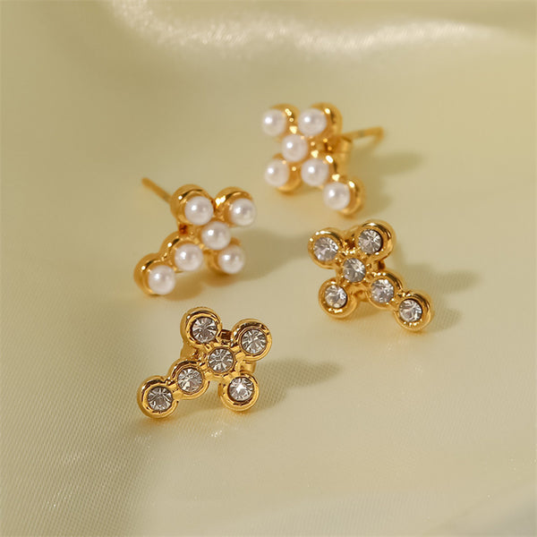 Gold Pearl Cross Stud Earrings
