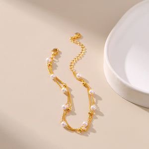 Gold Pearl Double Chain Station Bracelet