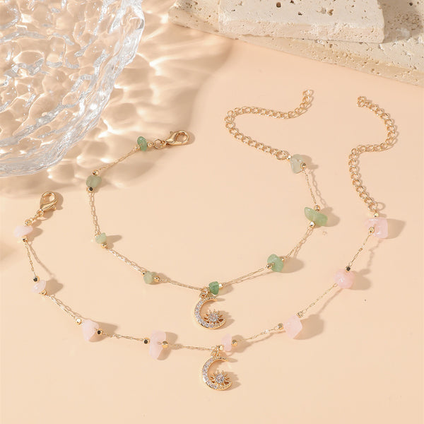 Crystal Raw Stone Moon Charm Anklet