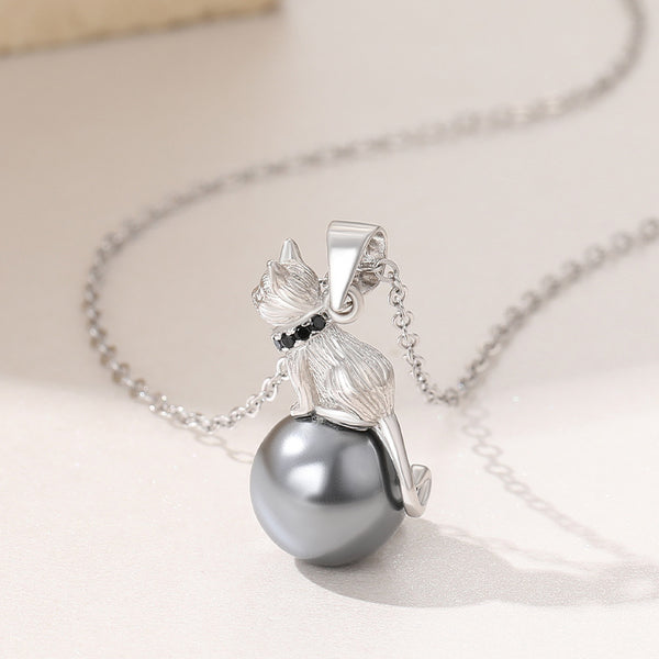 Silver Cat Pearl Charm Necklace