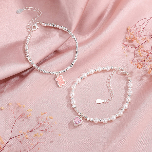 Pink Heart Bear Charm Pearl Bracelet