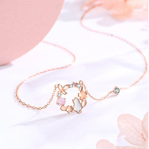 Cat Butterfly Cherry Blossom Charm Necklace