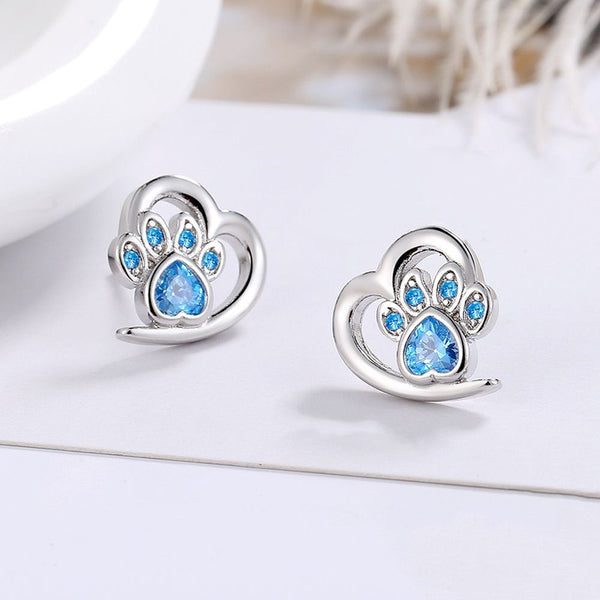 Blue Dog Paw Heart Stud Earrings