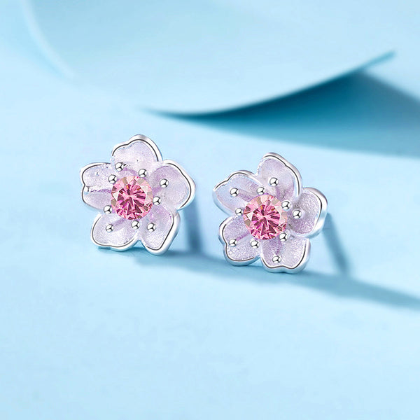 Silver Cherry Blossom Flower Stud Earrings