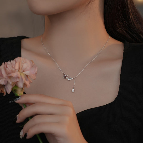 Silver Rose Flower Tassel Necklace