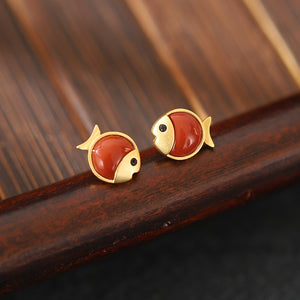 Small Green Red Jade Fish Stud Earrings
