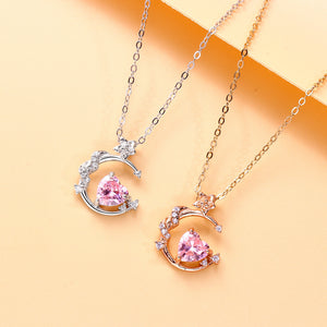 Pink Heart Moon Charm Pendant Necklace