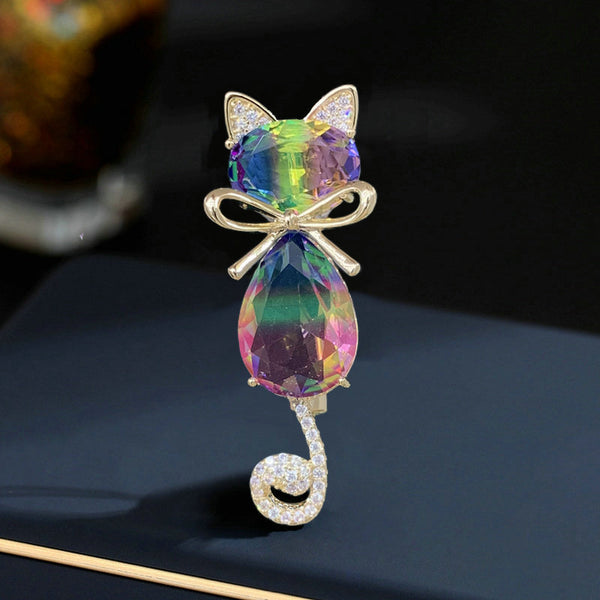 Colored Gemstone Cat Brooch