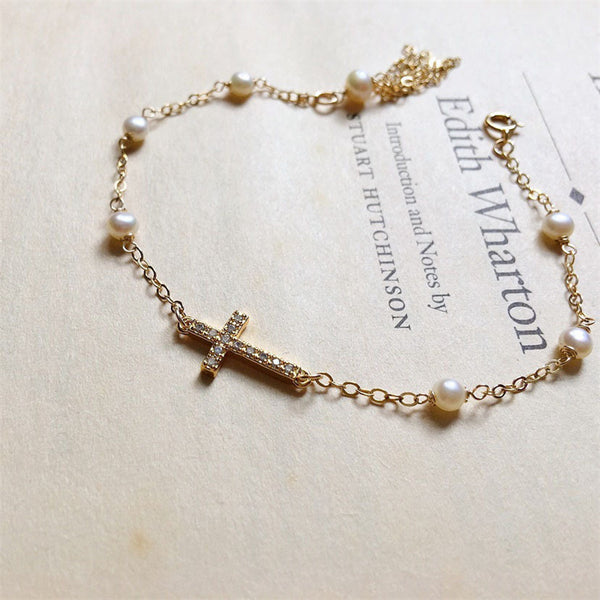 Gold Cross Pearl Bracelet