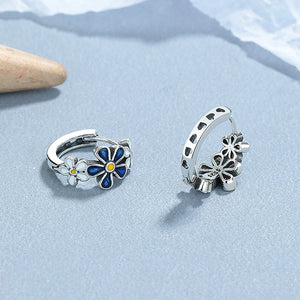 Blue White Flower Huggie Hoop Earrings