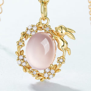 Oval Rose Quartz Bunny Pendant Necklace
