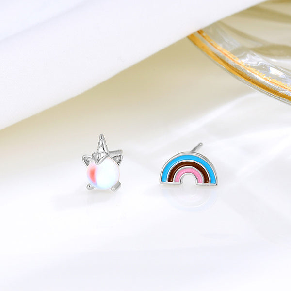 Rainbow Unicorn Moonstone Stud Earrings