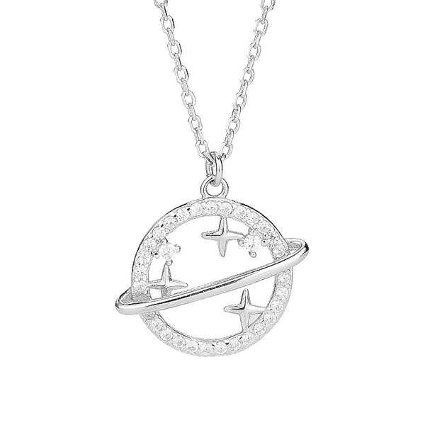 Planet Saturn Star Circle Charm Necklace