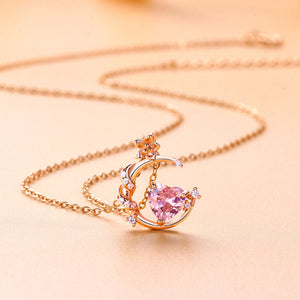 Pink Heart Moon Charm Pendant Necklace