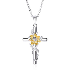 Gold Sunflower Cross Pendant Necklace