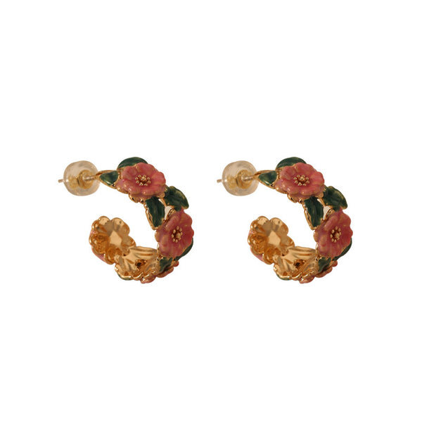 Vintage Camellia Flower Hoop Earrings