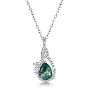 Pear Cut Moss Agate Leaf Charm Necklace