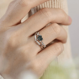 Heart Moss Agate Leaf Stacking Band Ring