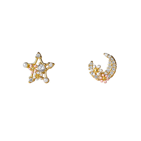 Gold Star Moon Flower Stud Earrings