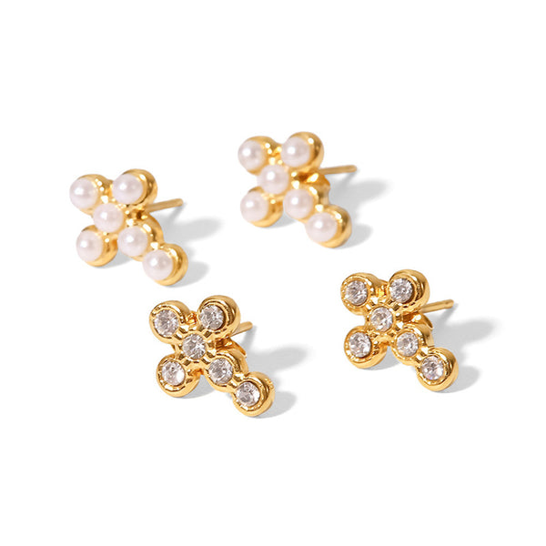 Gold Pearl Cross Stud Earrings