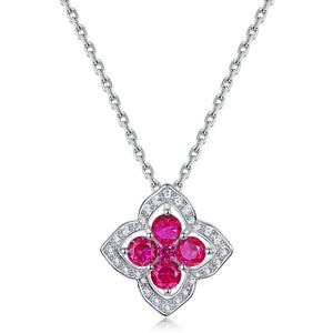 Round Cut Ruby Four Leaf Clover Necklace