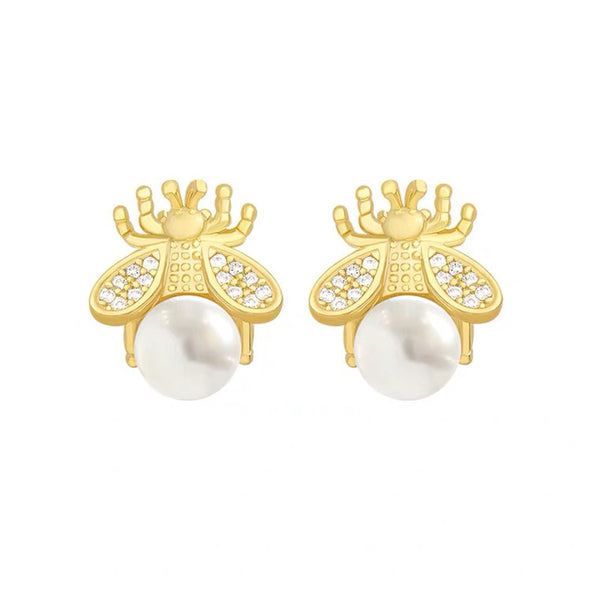 Gold Bee Pearl Stud Earrings