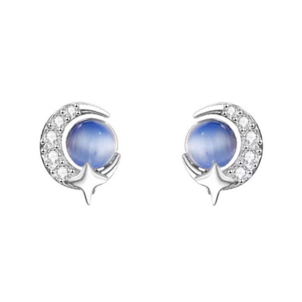 Blue Opal Moon Stud Earrings
