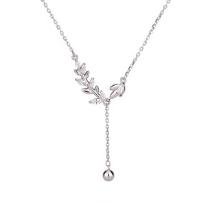 Dainty Olive Branch Tassel Drop Necklace