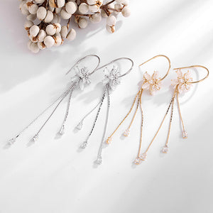 Dainty Crystal Flower Tassel Drop Earrings