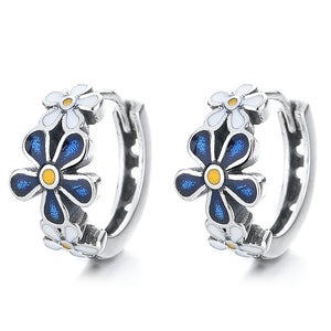 Blue White Flower Huggie Hoop Earrings