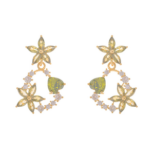 Dainty Green Heart Flower Drop Earrings
