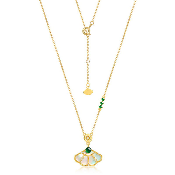 Gold Shell Fan Emerald Necklace