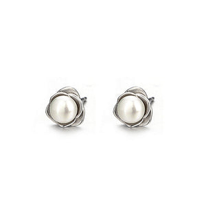 Tiny Pearl Rose Flower Wedding Stud Earrings