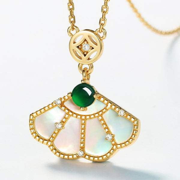 Gold Shell Fan Emerald Necklace