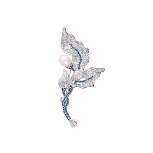 Delicate Silver Pearl Leaf Pin Brooch