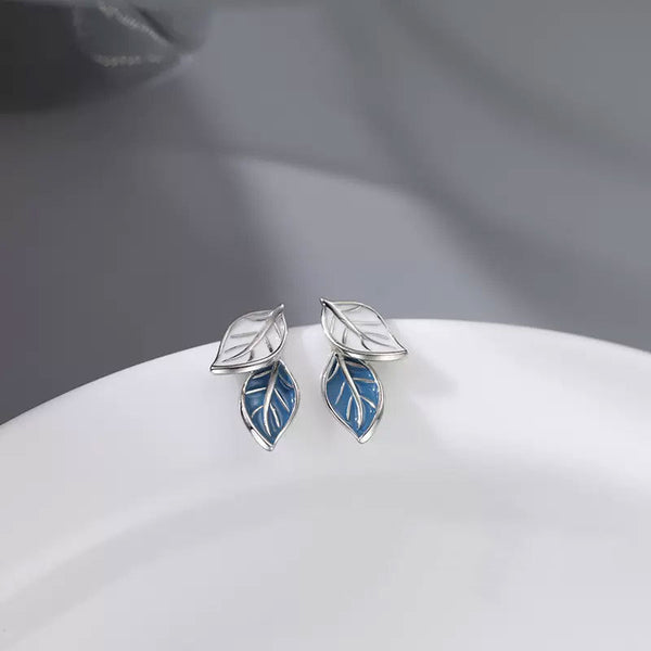 Blue Enamel Leaf Stud Earrings