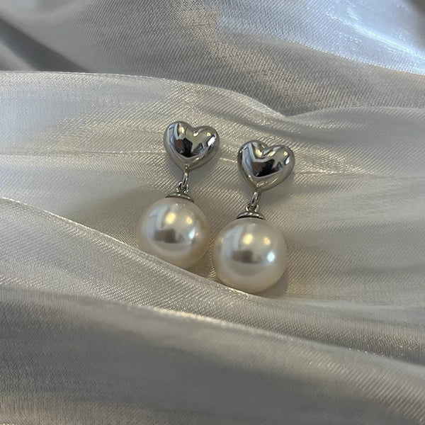 Heart Pearl Drop Stud Earrings