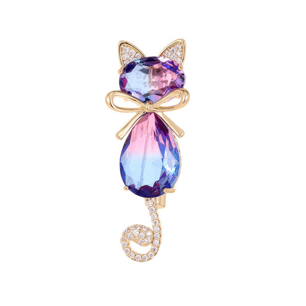 Colored Gemstone Cat Brooch