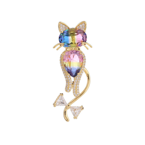 Colored Gemstone Cat Brooch