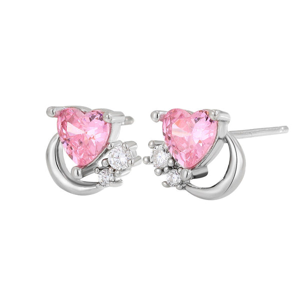 Pink Heart Moon Stud Earrings