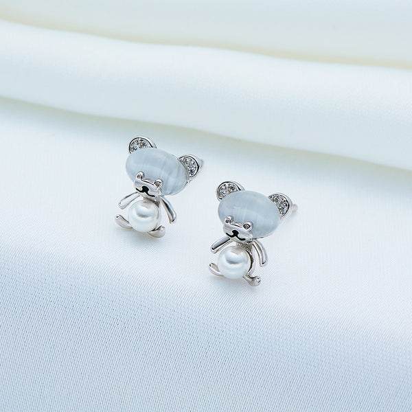 Tiny Bear Pearl Stud Earrings
