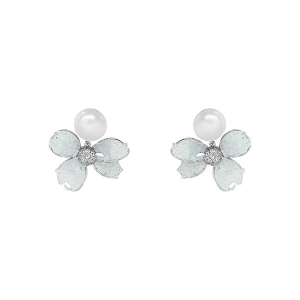 Blue Flower Pearl Stud Earrings