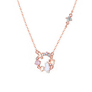 Cat Butterfly Cherry Blossom Charm Necklace