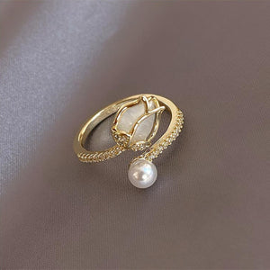Opal Pink Tulip Flower Pearl Stacking Ring