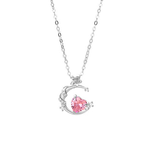 Pink Heart Moon Charm Pendant Necklace