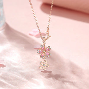 Pink Cherry Blossom Flower Charm Necklace