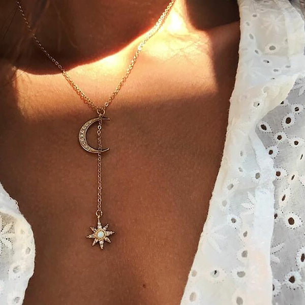 Opal Sun Moon Tassel Necklace