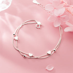 Heart Bead Charm Double Box Chain Bracelet